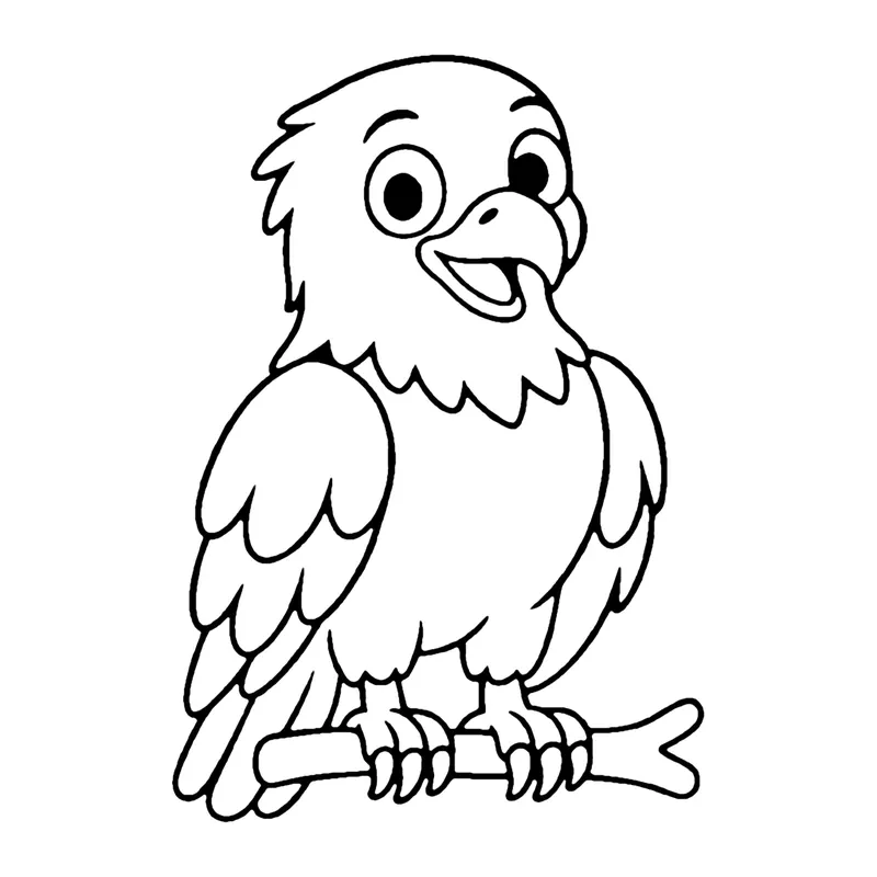Line drawing of an eagle with layered feathers and a hooked beak perched on a branch