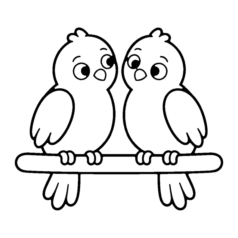 Line drawing of two small lovebirds sitting close together on a perch, facing each other