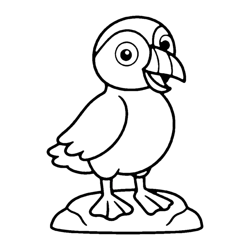 Line drawing of a smiling puffin with a big striped beak standing on a rock