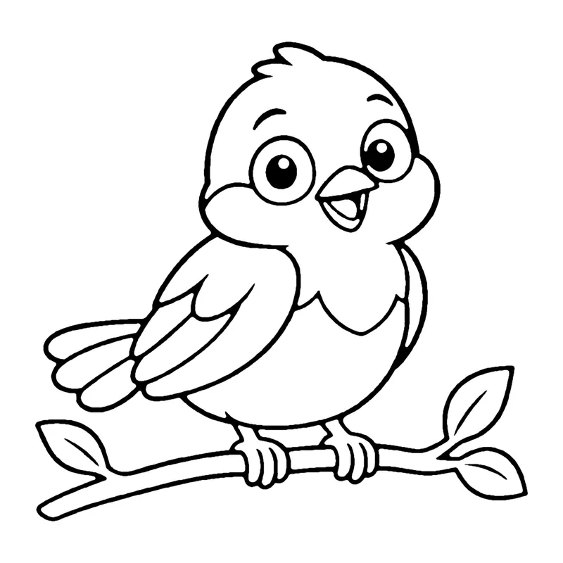 Line drawing of a round little sparrow with a smiling beak perched on a leafy twig