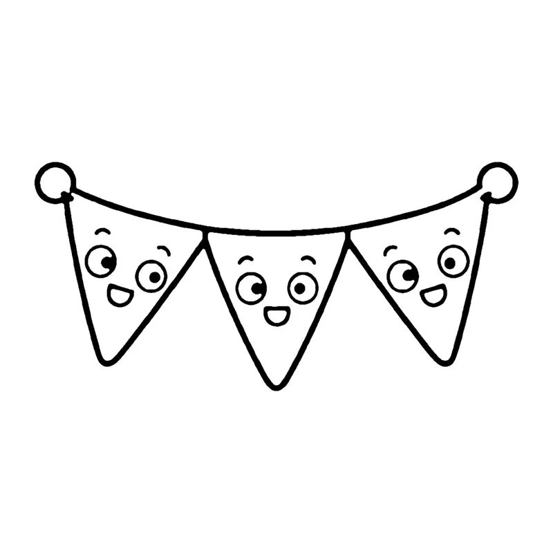 Line drawing of a string of three smiling triangle flags hanging as party bunting