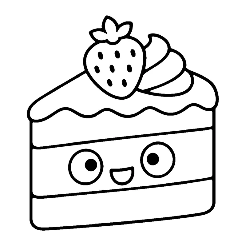 Line drawing of a smiling slice of layered cake topped with a strawberry and swirl of cream
