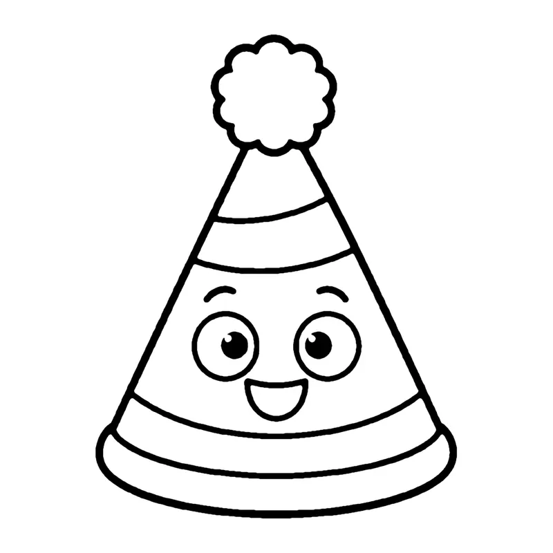 Line drawing of a smiling cone-shaped party hat with stripes and a fluffy pom-pom on top