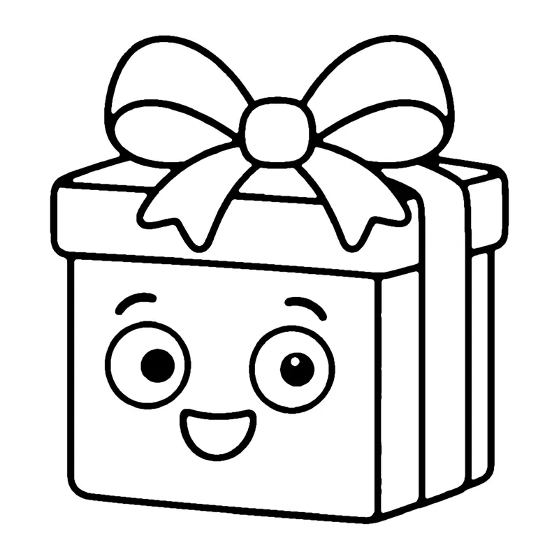 Line drawing of a smiling square gift box with a ribbon and a big bow on top