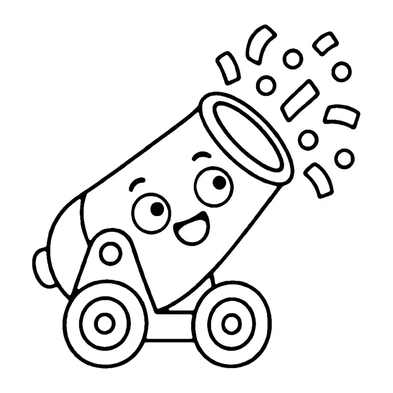 Line drawing of a smiling confetti cannon on wheels shooting out little pieces of confetti