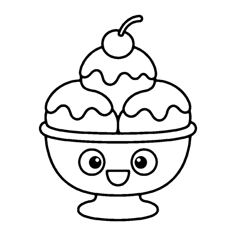 Line drawing of a smiling bowl holding three scoops of ice cream with sauce and a cherry on top