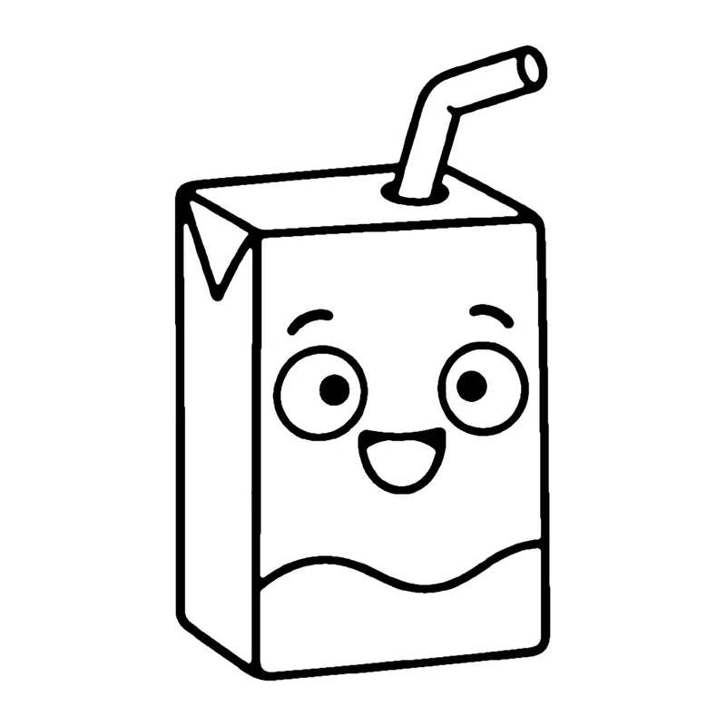 Line drawing of a smiling juice box with a bendy straw sticking out of the top