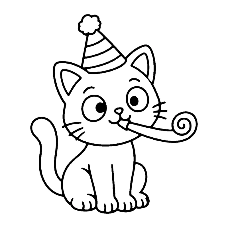 Line drawing of a kitten in a party hat blowing a curled party blower