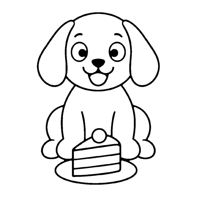 Line drawing of a floppy-eared puppy sitting behind a slice of cake on a plate