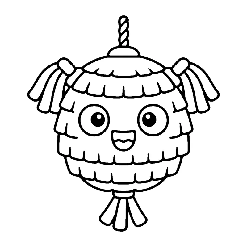 Line drawing of a smiling round piñata with layered paper fringe and tassels hanging from a string