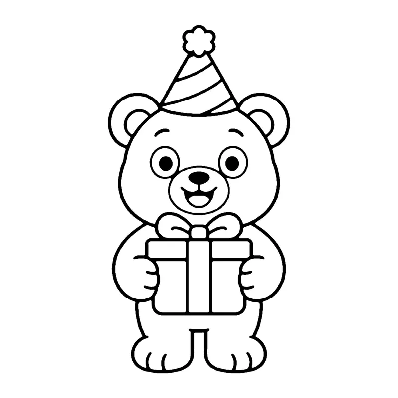 Line drawing of a teddy bear in a striped party hat holding a wrapped present