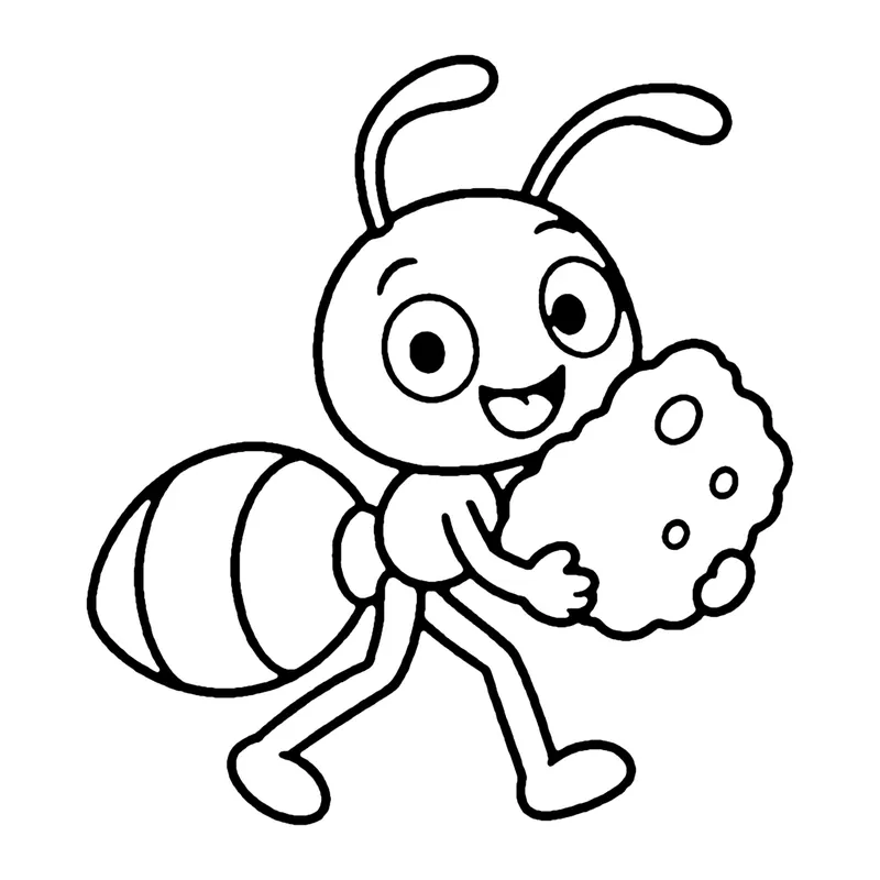 Line drawing of a smiling ant walking on two legs carrying a large crumb