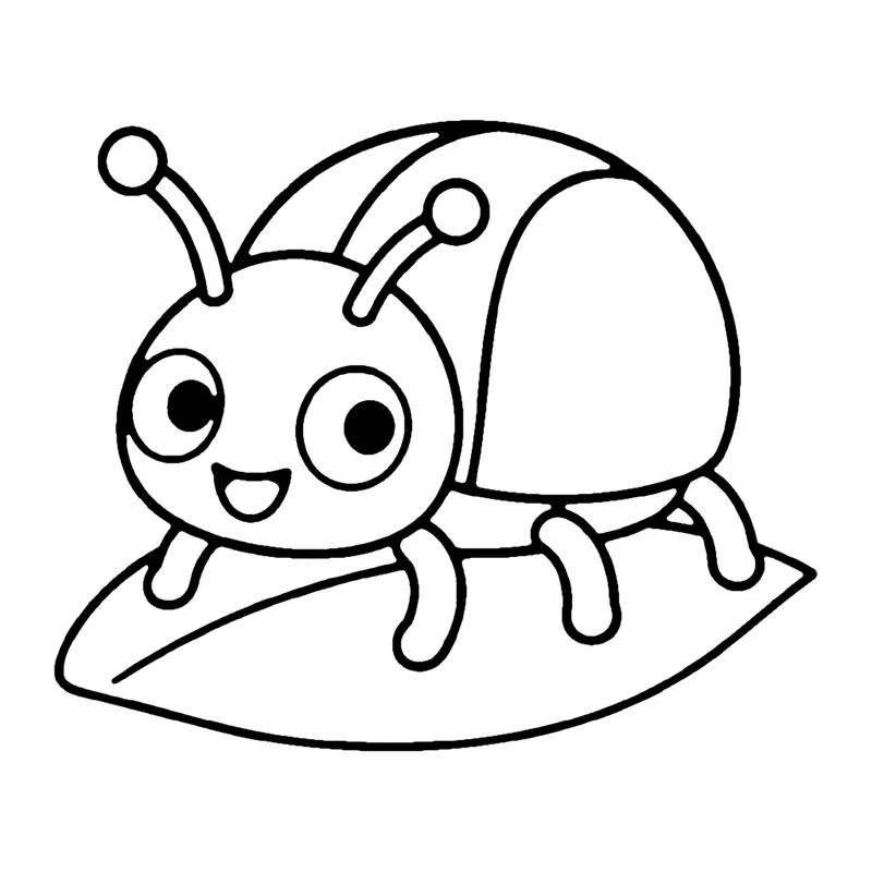Line drawing of a smiling round beetle with a shiny shell and six legs standing on a leaf