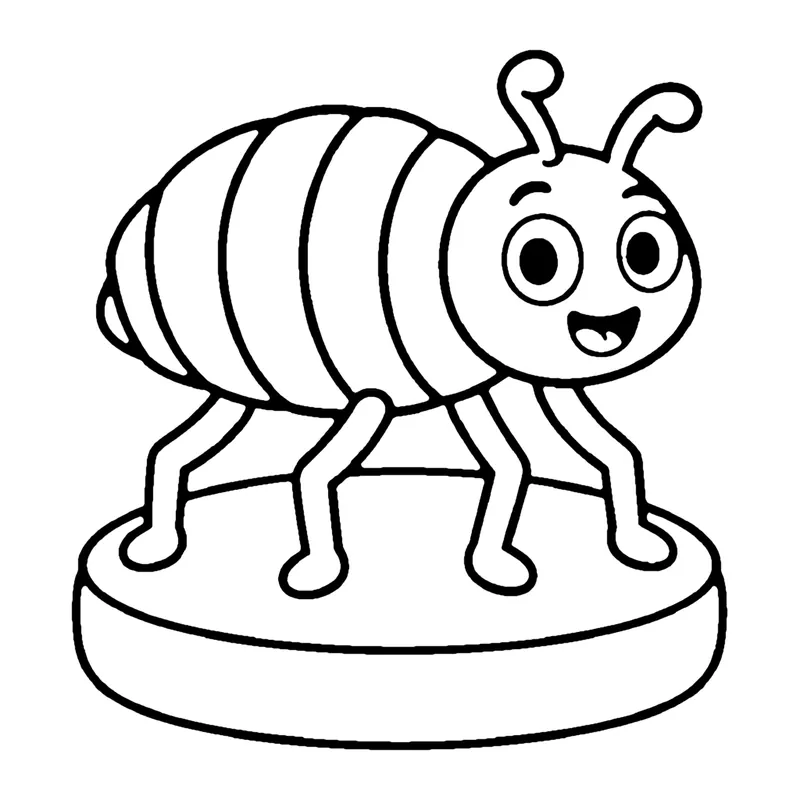 Line drawing of a smiling striped flea standing on a round springy platform