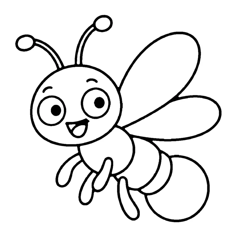Line drawing of a smiling firefly with big round wings and a striped glowing tail