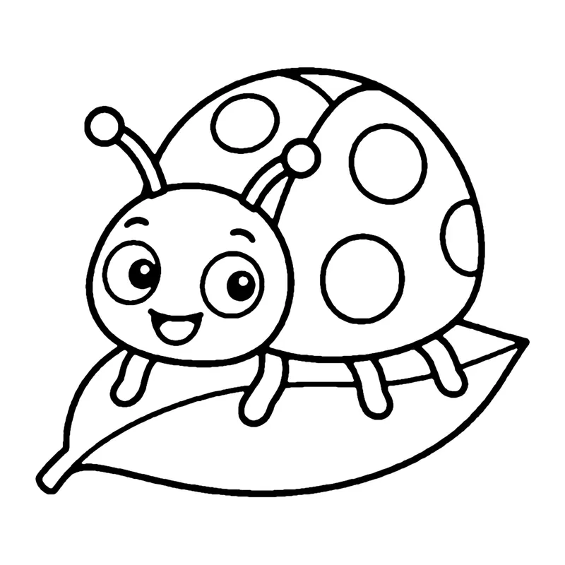 Line drawing of a smiling ladybug with a spotted shell walking across a leaf