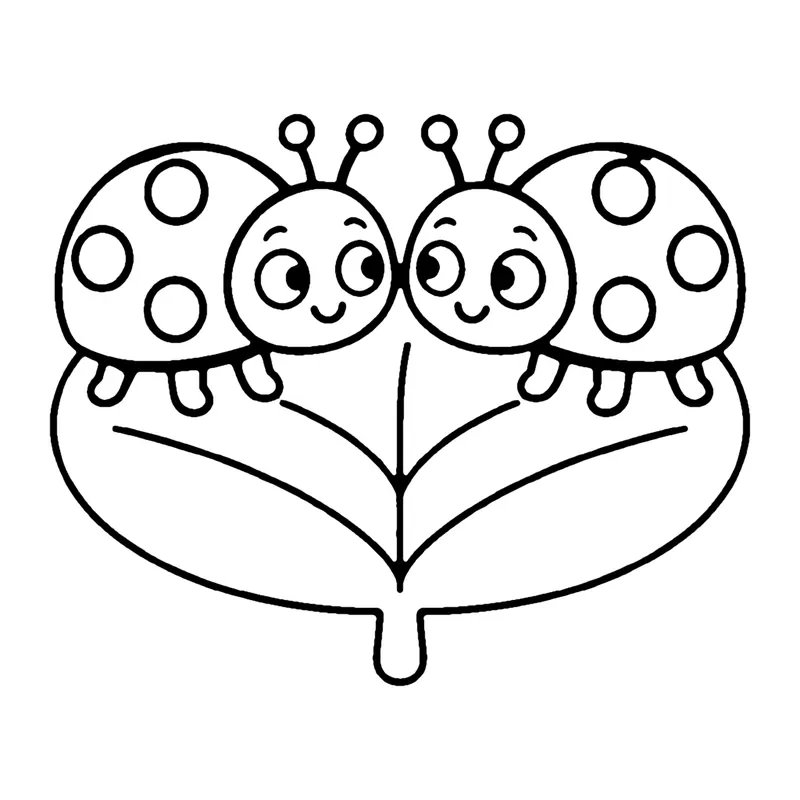 Line drawing of two smiling spotted ladybugs sitting side by side on a big leaf