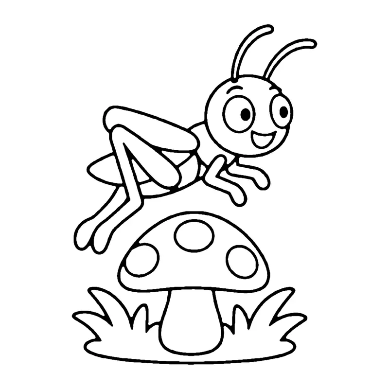 Line drawing of a grasshopper leaping over a spotted mushroom in a patch of grass