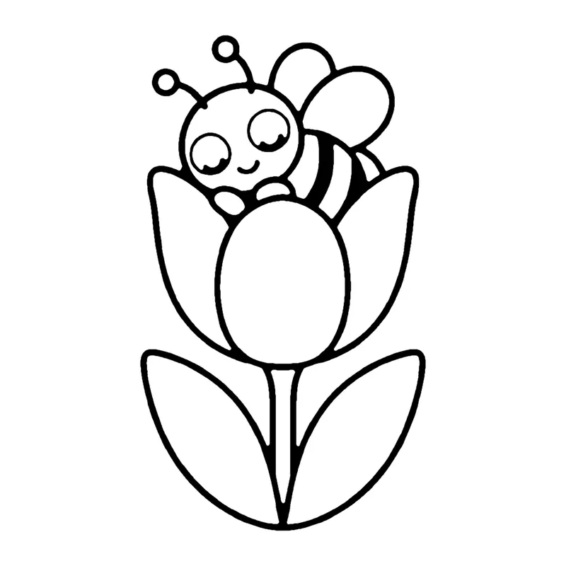 Line drawing of a sleepy bee with closed eyes resting on top of a tulip