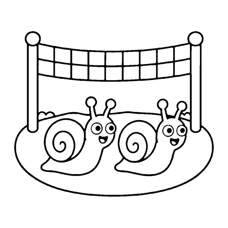 Line drawing of two smiling snails racing toward a finish line banner