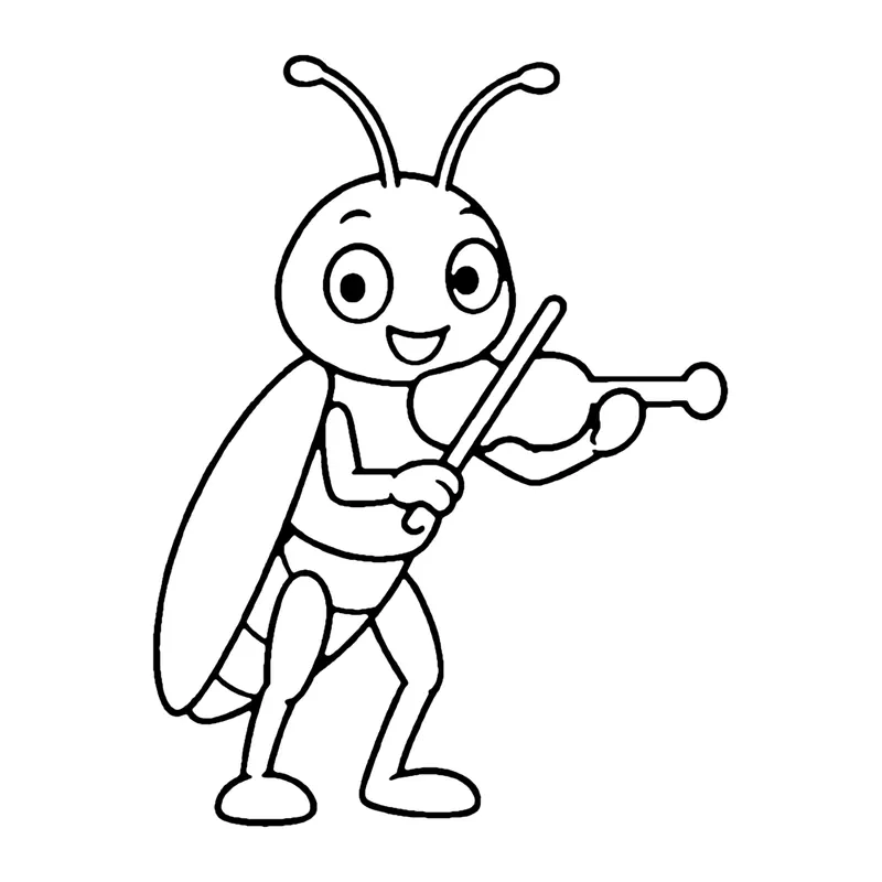 Line drawing of a smiling cricket standing on two legs playing a small violin