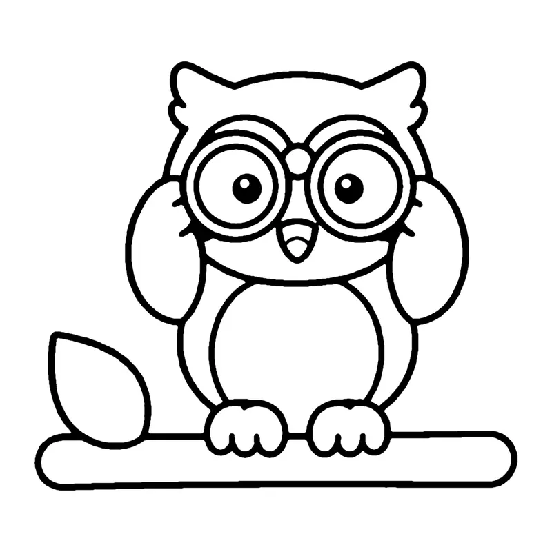 Line drawing of an owl wearing round goggles perched on a branch