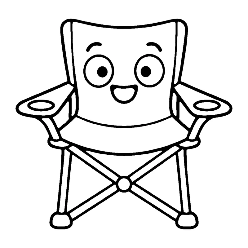 Line drawing of a smiling folding camp chair with crossed legs and armrests