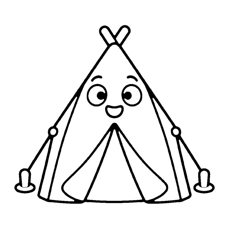 Line drawing of a smiling triangle tent with an open door flap and stakes in the ground