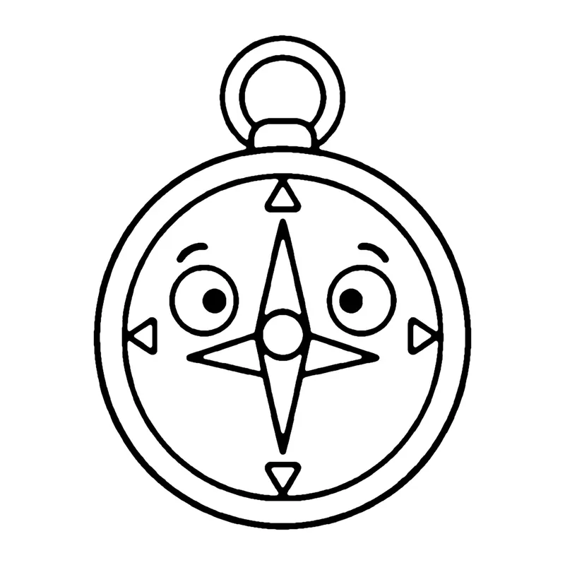 Line drawing of a smiling round compass with a star-shaped needle and north, south, east and west arrows