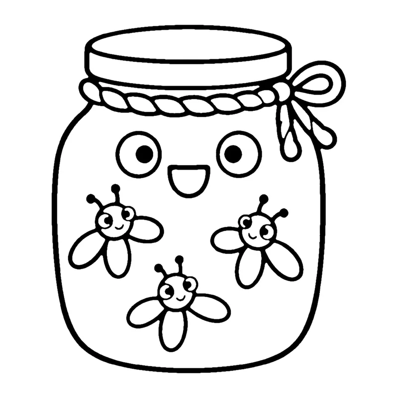 Line drawing of a smiling glass jar with a tied lid and three fireflies glowing inside