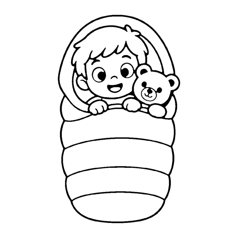 Line drawing of a smiling child snuggled in a puffy sleeping bag next to a teddy bear