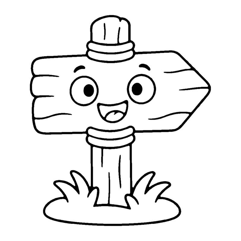 Line drawing of a smiling wooden trail sign on a post pointing the way, with grass at its base