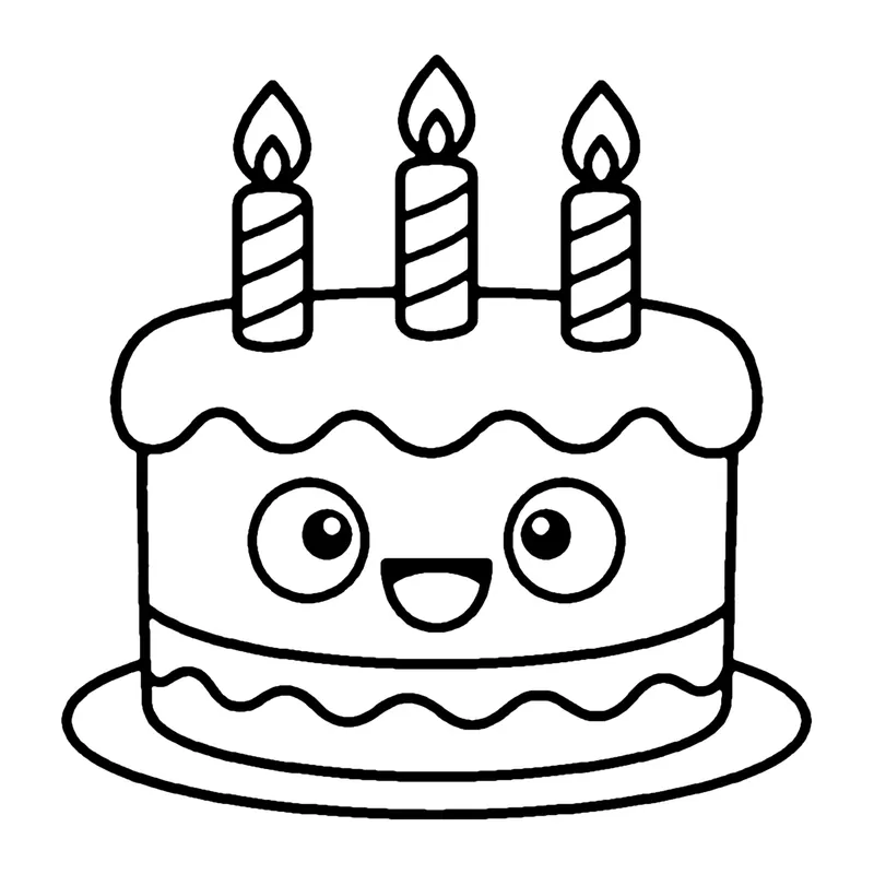Line drawing of a smiling two-layer birthday cake with drippy frosting and three lit candles
