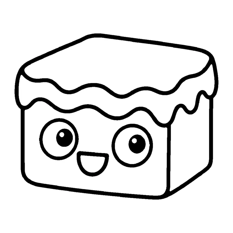 Line drawing of a smiling square brownie with drippy frosting on top