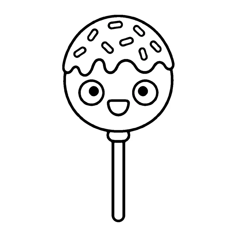 Line drawing of a smiling round cake pop on a stick with drippy coating and sprinkles