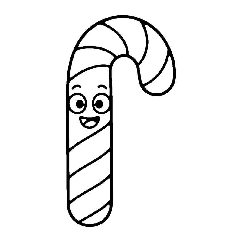 Line drawing of a smiling striped candy cane with a curved hook at the top