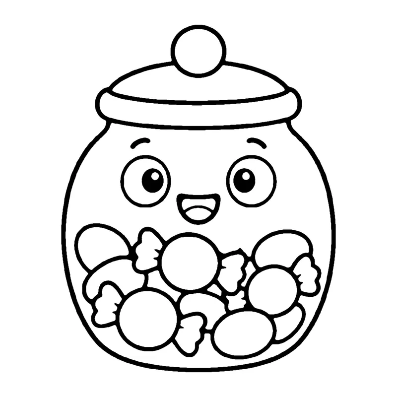 Line drawing of a smiling round candy jar with a knob lid filled with wrapped candies