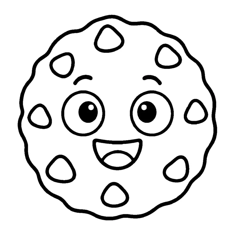 Line drawing of a big round smiling chocolate chip cookie with chips scattered across it