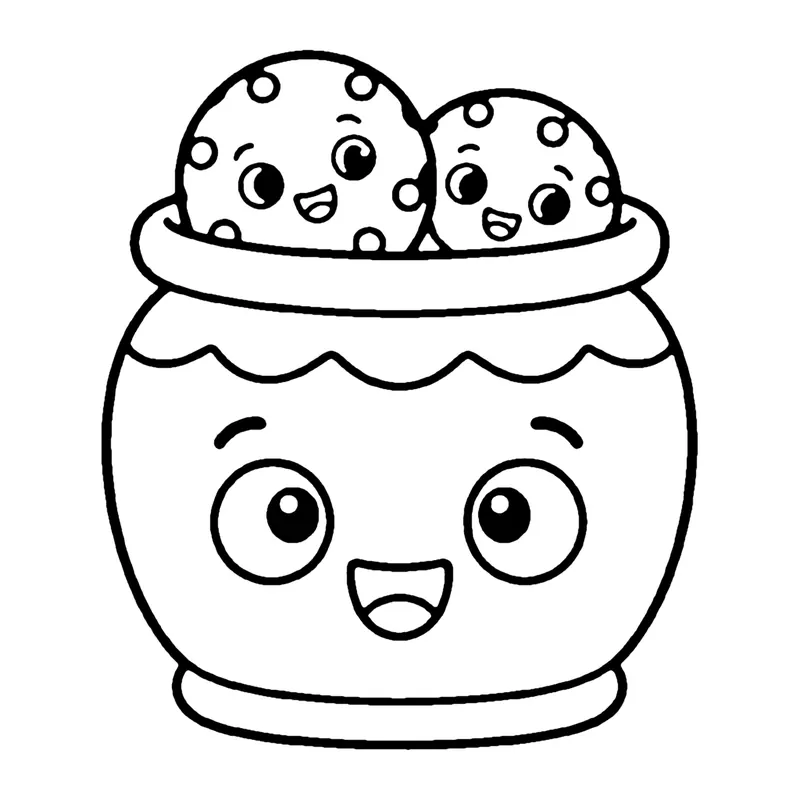 Line drawing of a smiling cookie jar with a frilly rim and two smiling cookies on top