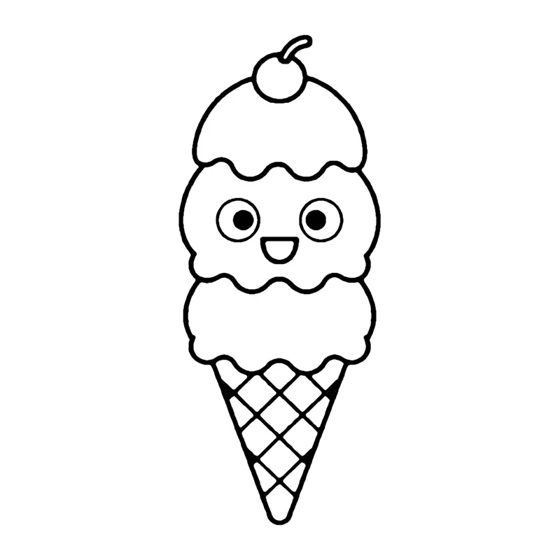 Line drawing of a triple-scoop ice cream cone with a cherry on top and a waffle cone