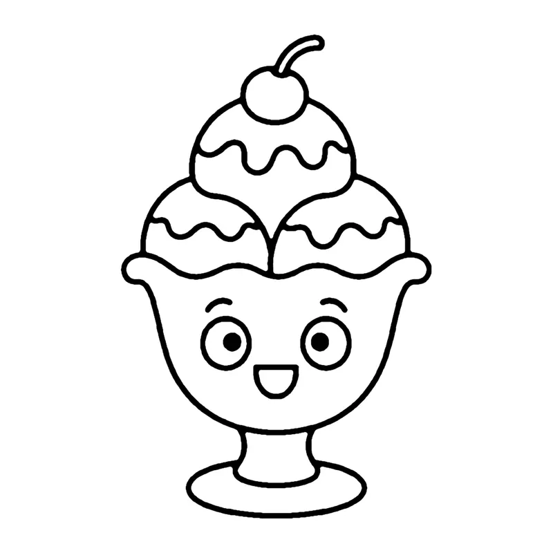 Line drawing of a smiling ice cream sundae in a tall glass dish with a cherry on top