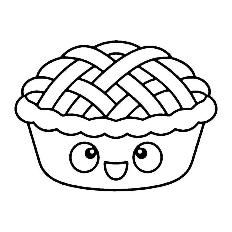 Line drawing of a smiling pie with a woven crisscross crust and a fluted edge