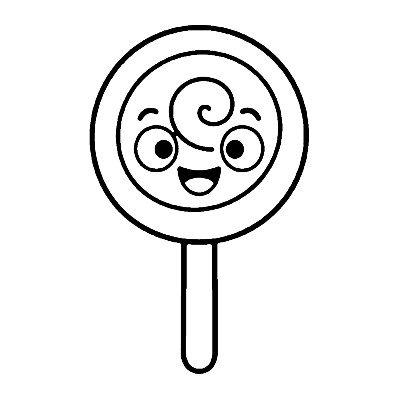 Line drawing of a smiling round lollipop with a swirl on top and a long stick