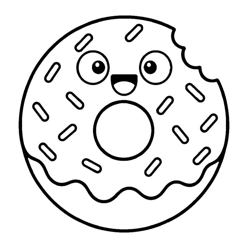 Line drawing of a smiling frosted donut covered in sprinkles with one bite taken out
