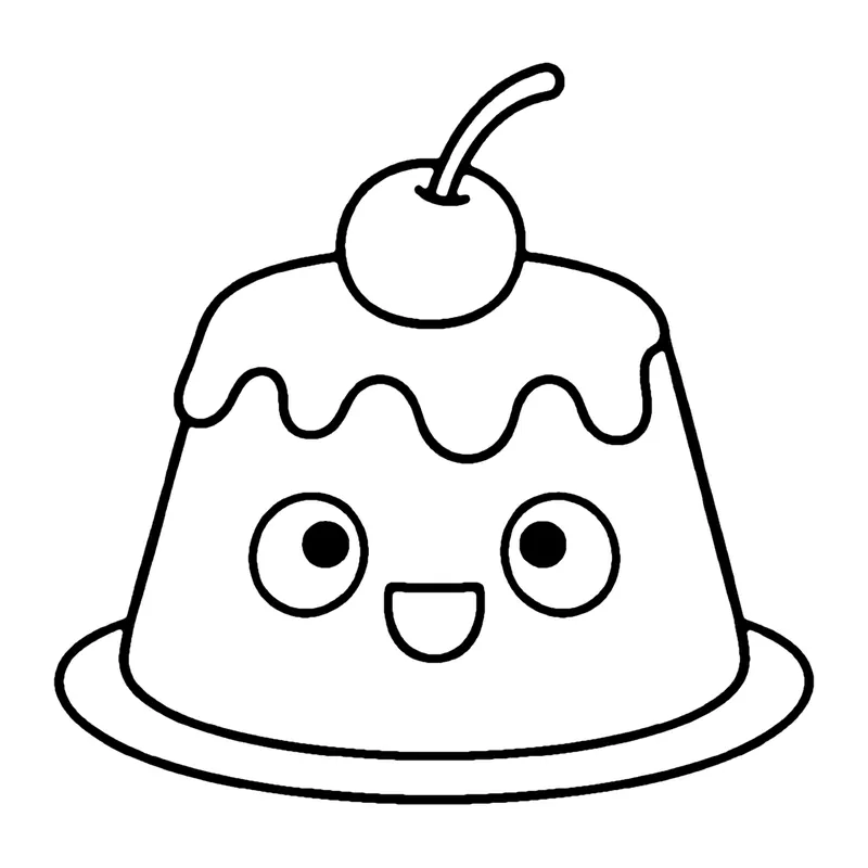 Line drawing of a smiling wobbly pudding on a plate with sauce on top and a cherry