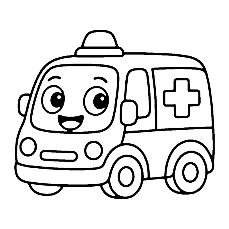 Line drawing of a smiling ambulance van with a cross on the side and a light on the roof