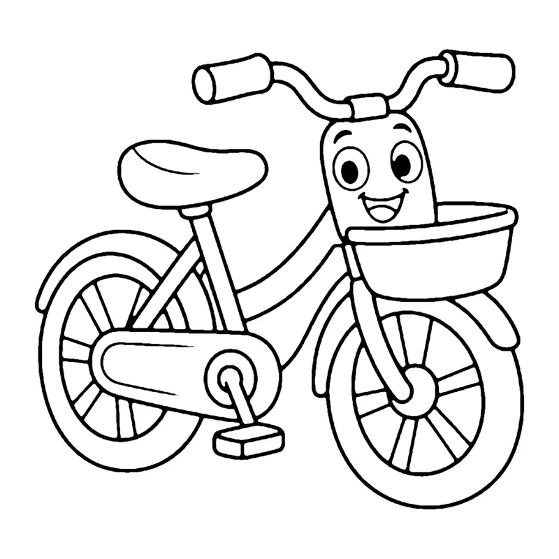 Line drawing of a smiling bicycle with a front basket, spoked wheels, pedals and a seat