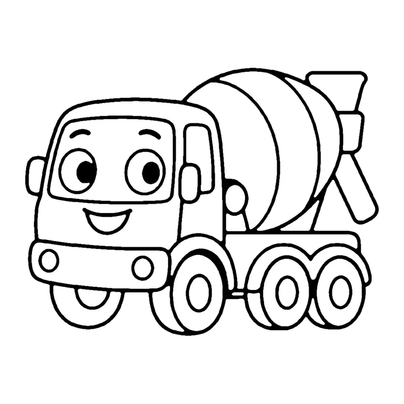 Line drawing of a smiling cement mixer truck with a large striped drum on the back