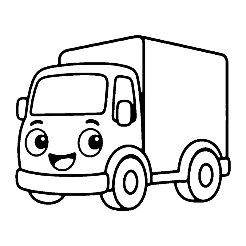 Line drawing of a smiling box delivery truck with a tall cargo box, a cab and two wheels
