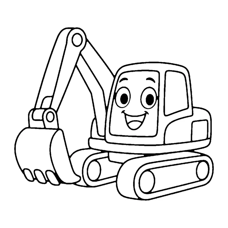 Line drawing of a smiling excavator with a long bent arm, a toothed bucket and caterpillar tracks
